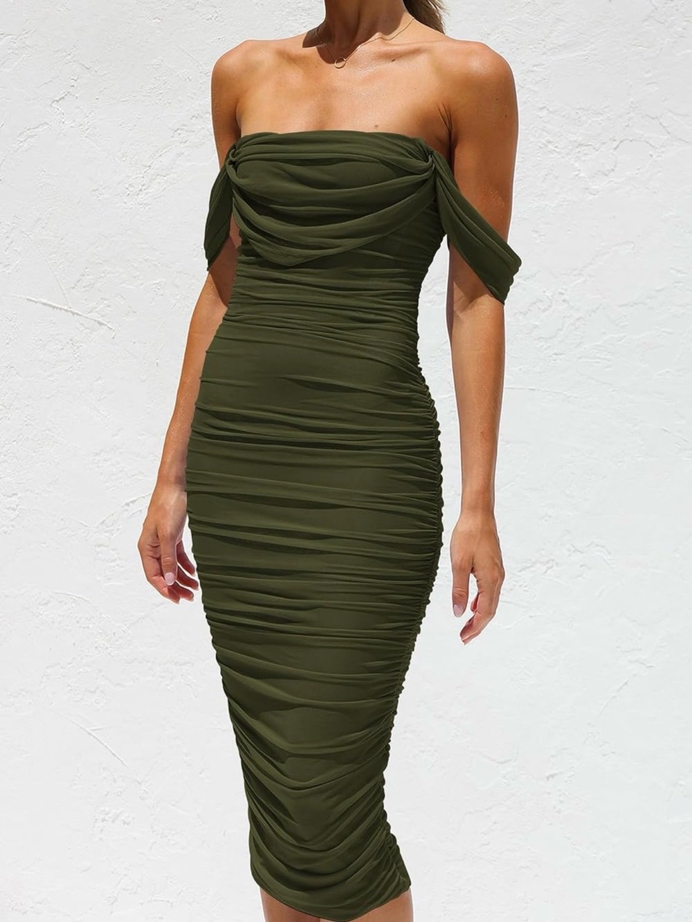 Off-Shoulder Olive Green Ruched Bodycon Dress